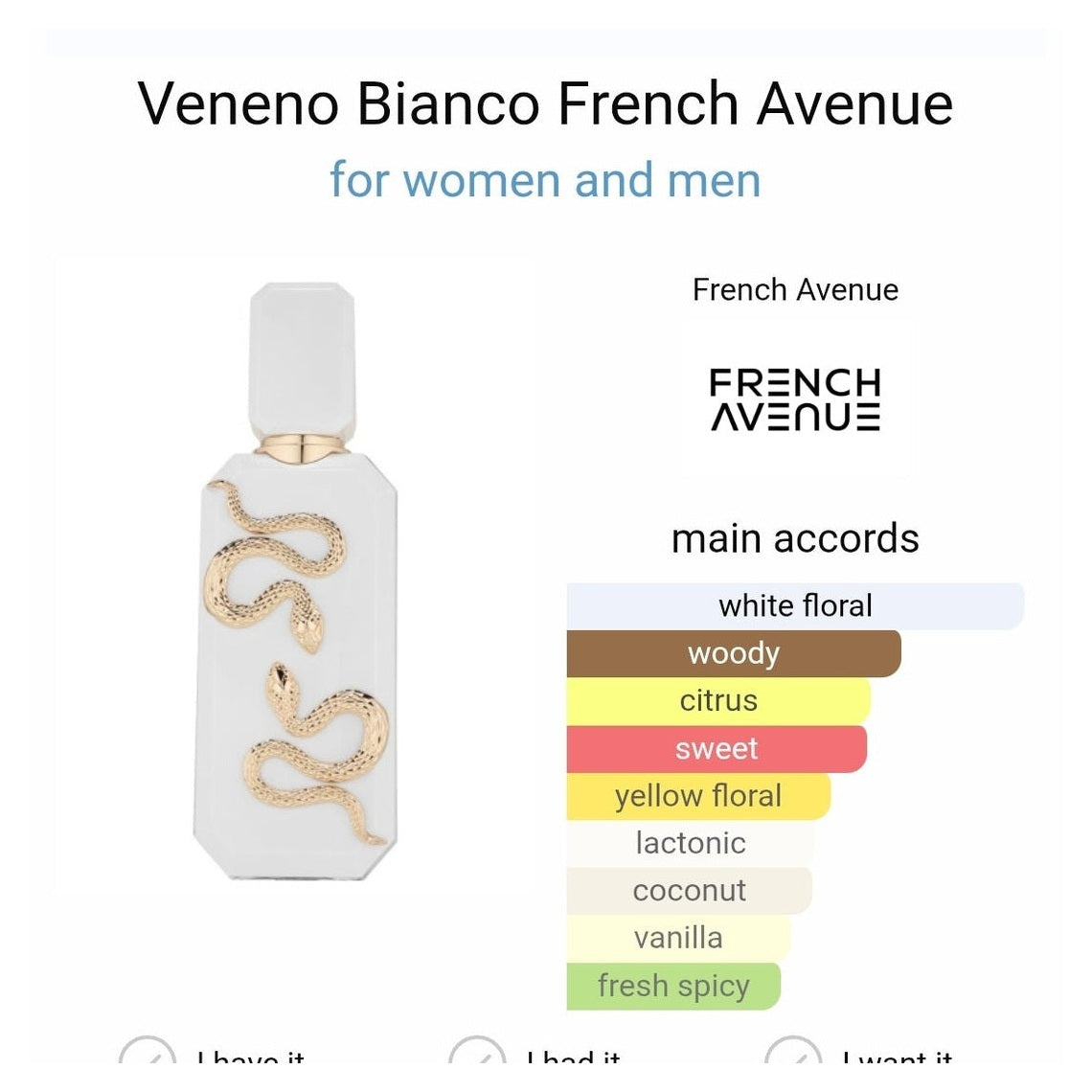 Veneno Bianco French Avenue edp 100ml - Perfume South Africa